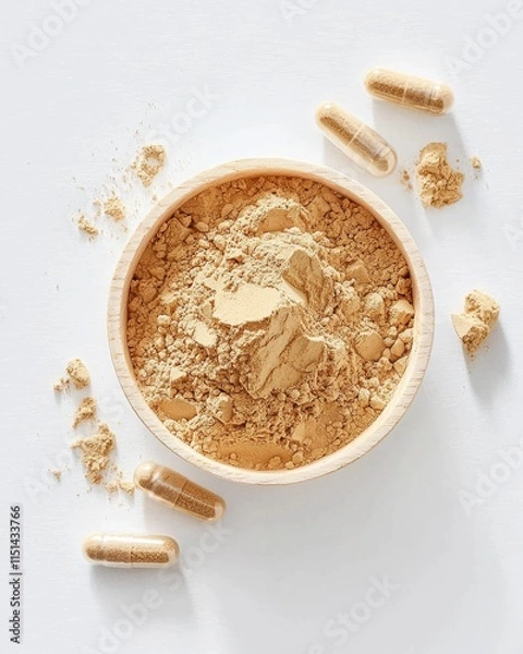 Fototapeta Artistic pour of maca root powder on bright flat white beverage for nutritional boost