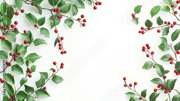 Fototapeta Christmas border with holly branches with green leaves and red berries on a white background.