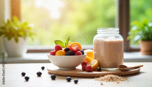 Fototapeta Nutritional supplements for aging Copy space Jar of protein powder and fresh fruits on table by window