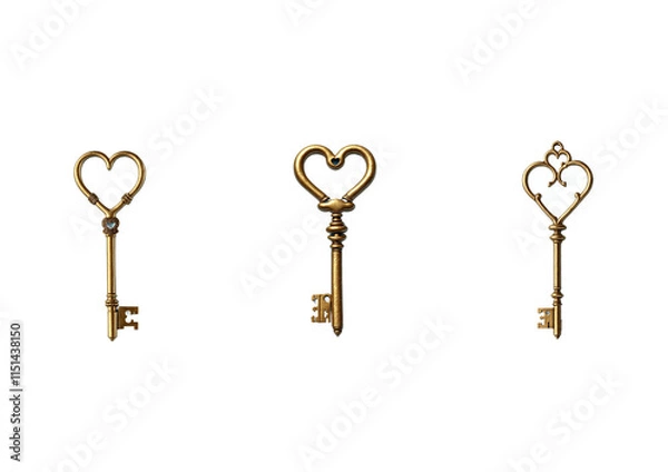 Obraz Three antique-style golden keys with heart-shaped designs on their bows. Each key has intricate details, symbolizing love and romance, perfect for decorative or symbolic purposes.

