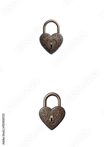 Obraz Two antique heart-shaped padlocks with intricate engravings and metallic finishes. Each lock features a keyhole, symbolizing love, security, and commitment, perfect for romantic themes.