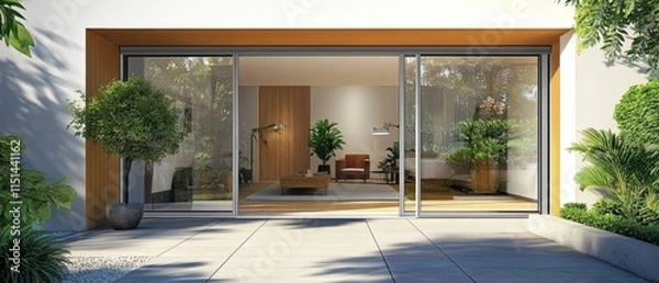 Obraz Aesthetic home entrance with large glass sliding doors with lots of copy space