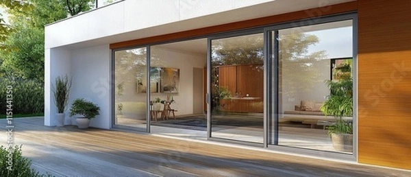 Fototapeta Aesthetic home entrance with large glass sliding doors with lots of copy space