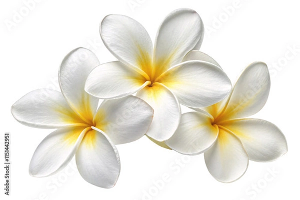 Fototapeta Delicate white plumeria flowers with golden-yellow centers, symbolizing purity and serenity in a minimalist arrangement, isolated on a transparent background