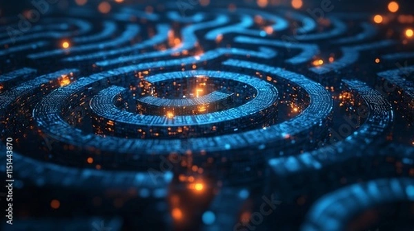 Fototapeta A glowing maze of interconnected pathways representing AI-enhanced marketing strategies, surrounded by digital neural networks and futuristic deep learning layers