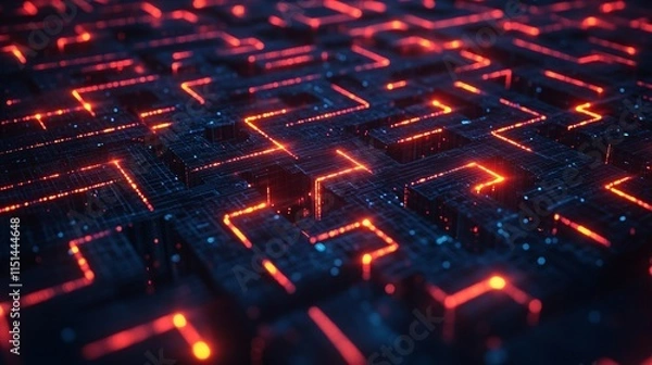 Fototapeta A high-tech maze of AI-enhanced marketing strategies, with glowing pathways leading to deep learning nodes and computer network connections
