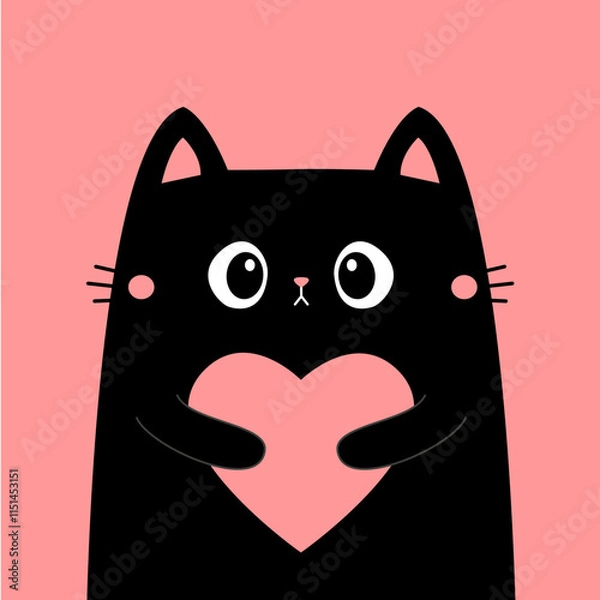 Fototapeta Happy Valentines Day. Cat kitten kitty head face holding pink heart. Cute cartoon kawaii funny animal character. Flat design. Love card. Sticker print. Childish style. White background. Vector