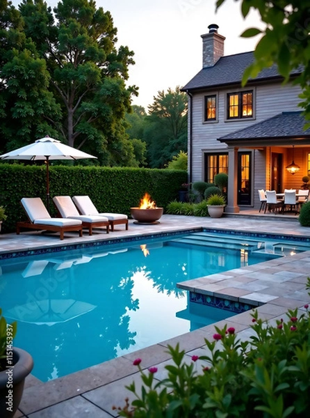 Fototapeta Luxury backyard pool with lounge chairs, umbrellas, and fire pit. new image