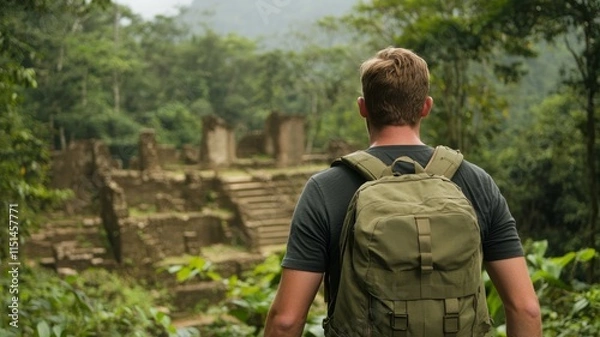 Fototapeta Travel Adventure for Nature Exploration: Backpacker Trekking into Ancient Ruins of a Lost Civilization Amidst Dense Jungle
