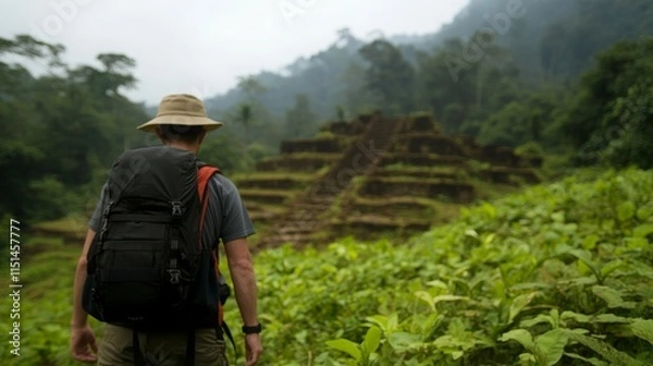 Fototapeta Travel Adventure for Nature Exploration: Adventurous Backpacker Trekking into Ancient Ruins in Overgrown Lush Green Jungle