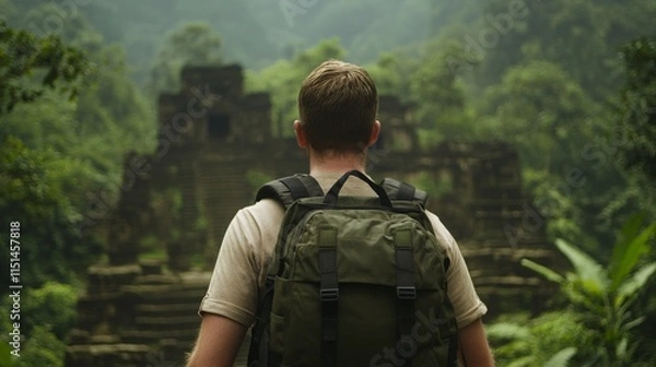 Fototapeta Travel Adventure for Nature Exploration: Backpacker Trekking into Ancient Ruins in Lush Jungle Environment