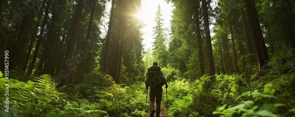 Fototapeta Travel Adventure for Nature Exploration: Solo Backpacker Trekking on Trail Surrounded by Lush Green Forest