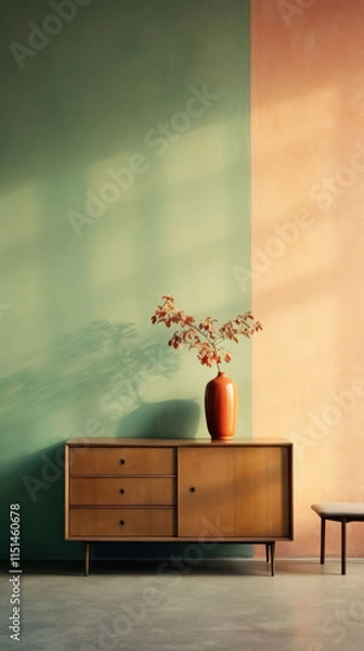 Fototapeta minimalist interior with wooden sideboard and vase against green and peach wall