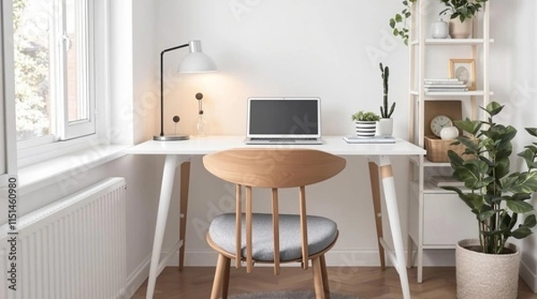Fototapeta Serene Home Workspace: A minimalist workspace bathed in natural light, featuring a sleek white desk, comfortable chair, and lush greenery. Ideal for remote work, productivity, and a sense of calm. 