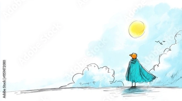 Obraz Young boy in blue cloak gazing at the sun and sky filled with clouds and flying birds in whimsical style