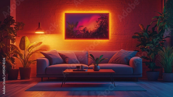 Obraz NeonLit Living Room with Tropical Plants and Modern Sofa. Generative Ai.