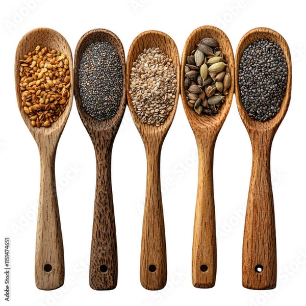 Fototapeta Spices on spoons isolated on transparent background