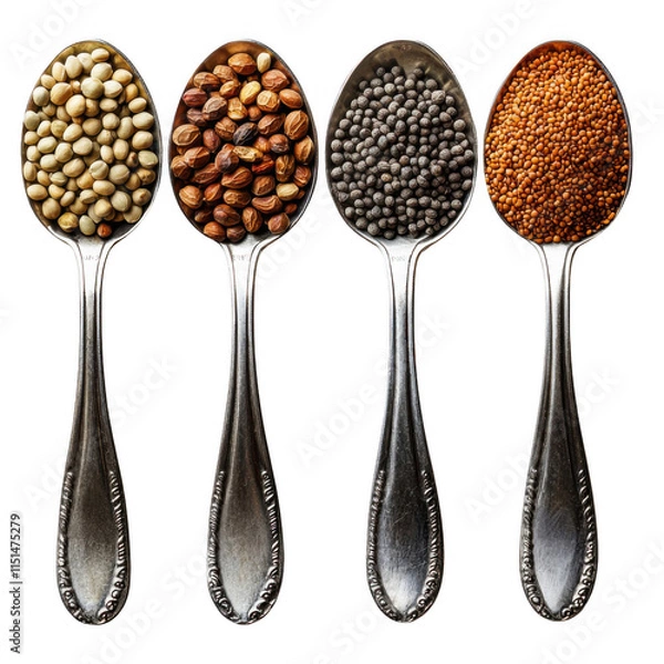 Fototapeta Spices on spoons isolated on transparent background
