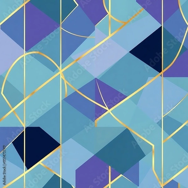 Fototapeta Geometric Abstract with Gold Accents: A mesmerizing blend of blue, purple, and gold in a dynamic geometric pattern.