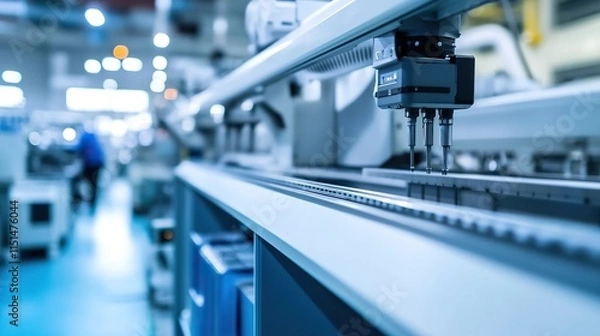 Fototapeta Automated industrial robotic arm performing precision tasks on a production line.