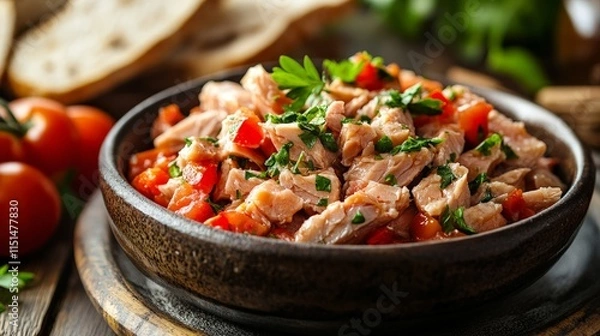 Fototapeta Bowl of fresh tuna with tomatoes and bread slices