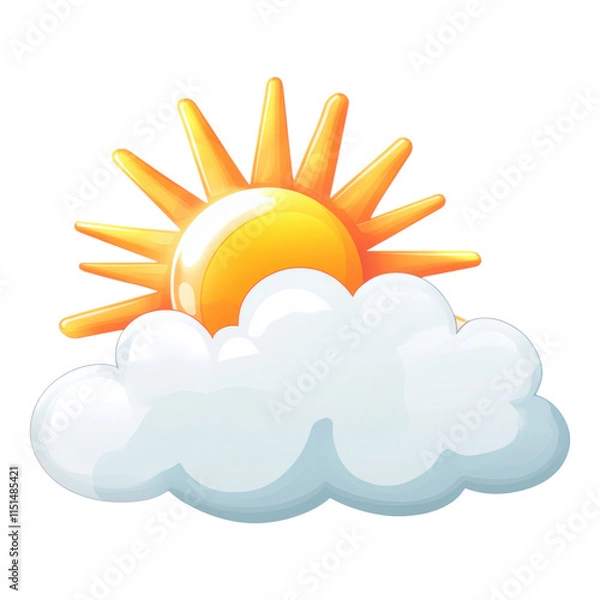 Fototapeta Sunny cloud icon, cheerful design, bright sun peeking through fluffy cloud, ideal for weather apps or cheerful graphics, transparent background