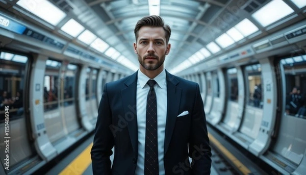 Fototapeta Confident businessman in a suit standing in a modern subway station