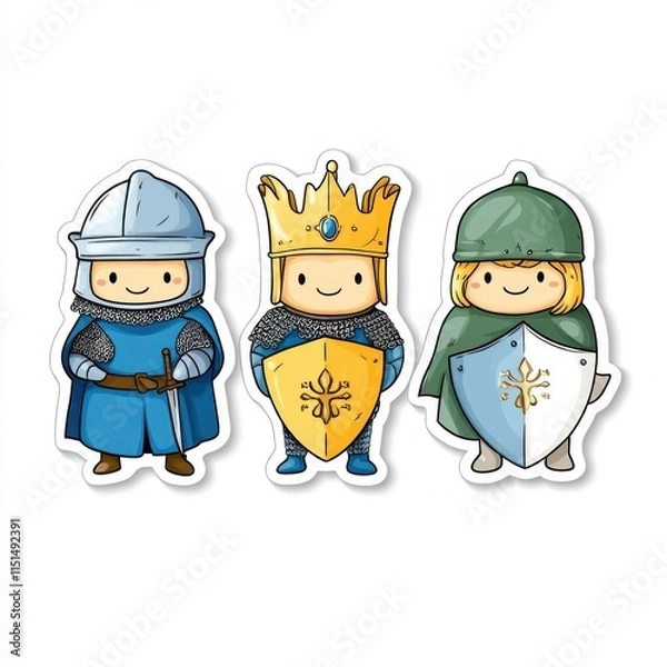 Fototapeta Three charming cartoon characters in armor, including a knight, a king, and a warrior.