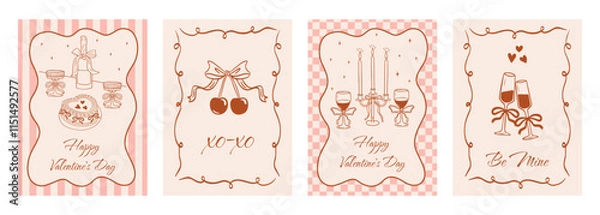 Fototapeta Big set of vintage greeting cards for Valentine's Day in coquette style. Vector romantic border with ribbon frame and bow in the la Dolce Vita aesthetic. Doodle hand drawn glasses, cake, cherry etc.