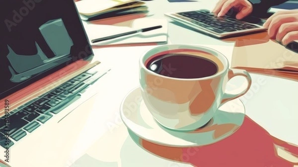 Fototapeta Modern Business Workspace Featuring a Laptop, Coffee Cup, and Documents on a Desk in a Professional Office Setting with Business Professionals Collaborating in the Background, Ideal for Corporate Them