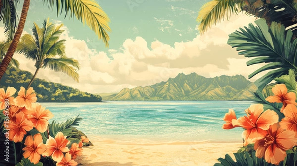 Obraz Design template of retro poster invitation for hawaiian party. Summer hawaii tropical party banner, hawaiian poster card,. Vector illustration