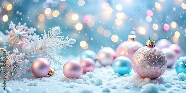 Fototapeta Delicate pastel pink and light blue create a dreamy, winter wonderland Christmas backdrop.