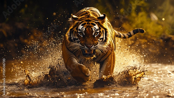Fototapeta running tiger during midnight in a mudpool with a eye-level angle 