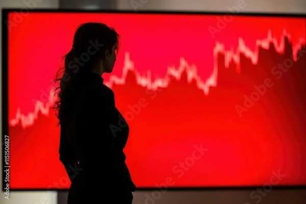 Fototapeta A Mysterious Woman Silhouetted in Front of a Large Screen Displaying a Dramatic Red Stock Market Decline Under Low Key Lighting