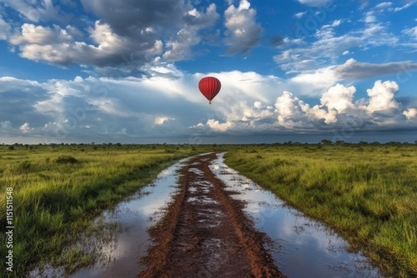 Fototapeta A Vibrant Hot Air Balloon Gliding Over Lush Green Fields in a Serene Rural Landscape with Dramatic Cloud Patterns Illuminated by Warm Lighting