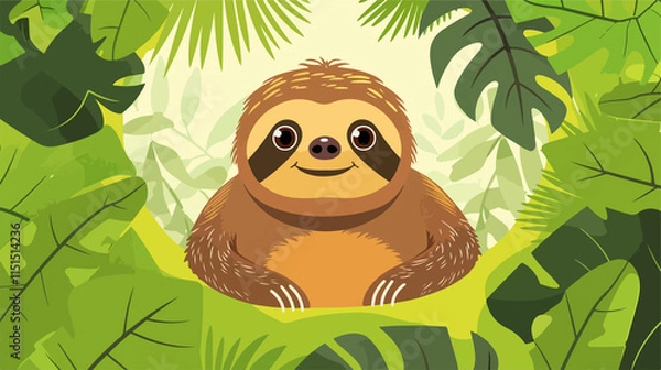 Obraz Cute Cartoon Sloth Drawing in Circle Flat Vector Illustration