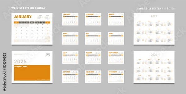 Fototapeta Set of 2025 Pages Monthly Calendar Planner Templates, Cover with Place for Photo, Company Logo, Annual 2025-2026. Calendar Vector pages size Letter-8.5x11in with 2 weekend for print Week start Sunday