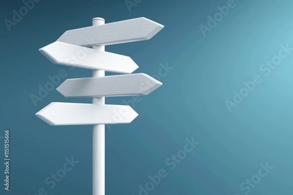Obraz Minimalist image of a white signpost with multiple directional arrows against a blue background, symbolizing choice and direction in travel or decision making.