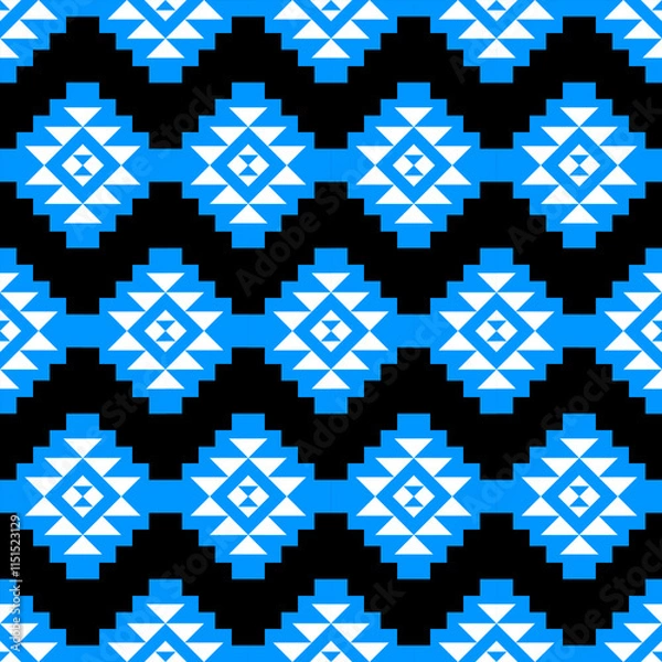 Fototapeta Geometric pattern featuring blue and black zigzag design with diamond shapes. This vibrant textile design is perfect for backgrounds, wallpapers, and fabric prints