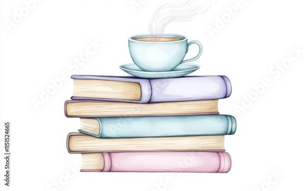 Fototapeta A watercolor illustration of a stack of books with a steaming teacup on top