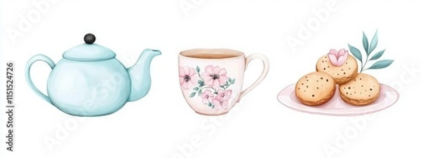 Fototapeta A watercolor illustration of a teapot, a teacup, and a plate of cookies
