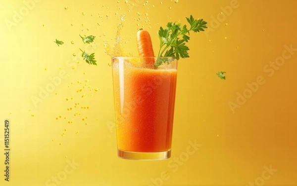 Fototapeta A vibrant carrot juice glass levitating mid-air with parsley garnish, set on a sunny yellow background