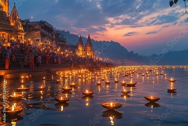 Fototapeta A panoramic view of the Ganges River in Varanasi, India, with thousands of oil lamps floating on its surface during the Diwali festival night.
