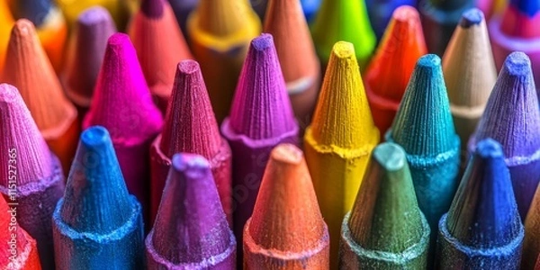 Fototapeta Macro view showcasing crayons and colored pencils in vibrant hues. This detailed macro view captures the essence of crayons and colored pencils, emphasizing their colors and textures beautifully.