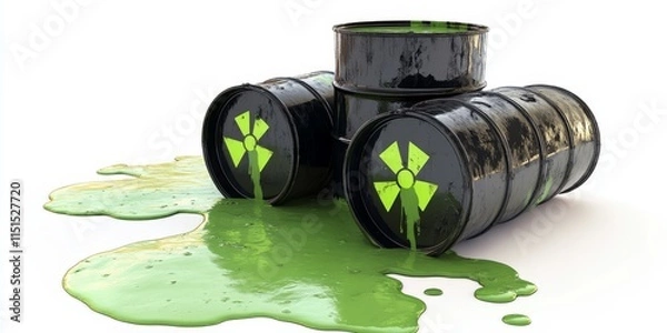 Fototapeta Radioactive waste barrels leaking green toxic liquid are isolated against a white background, showcasing the hazardous nature of radioactive waste and its environmental impact.