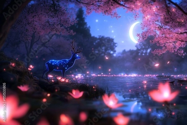 Fototapeta Enchanted scene with a glowing deer by a serene lake.
