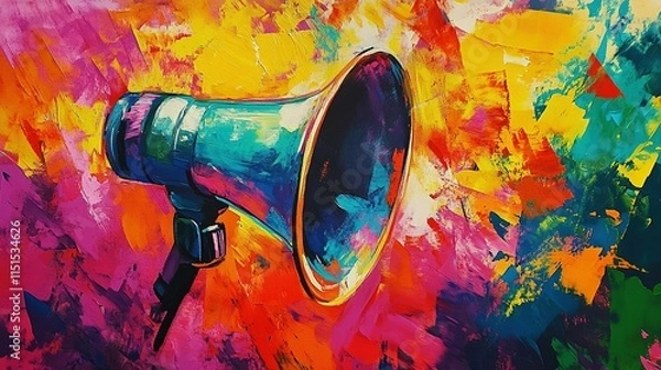 Obraz Megaphone, vibrant art and freedom of expression. Colorful, dynamic and energetic communication through art for liberty, creativity and social change. Inspiring visual message for a diverse audience.