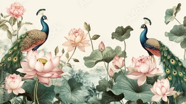 Fototapeta 85.A beautifully illustrated vintage border pattern with soft pink lotus and roses, vibrant peacocks, and green foliage, designed as a continuous, seamless vintage Chinese motif for use in textile or