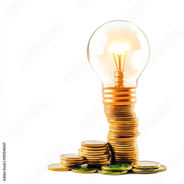 Fototapeta Conceptual image of a light bulb atop a stack of coins, symbolizing ideas and financial growth.