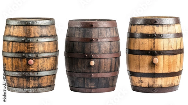 Obraz Set of Three Wooden Barrels Isolated on White Background
